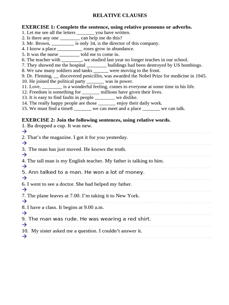 Relative Clauses Practice Exercises | PDF
