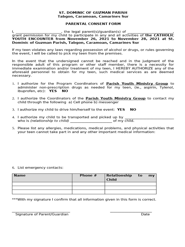 Parental Consent Form for Youth Event | PDF