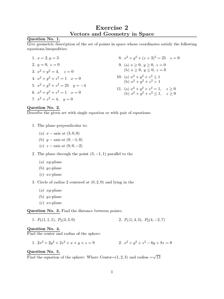 Vectors and Geometry in Space Exercises | PDF