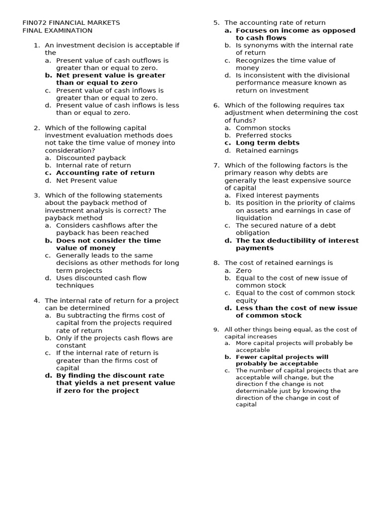 Financial Markets Final Exam Review | PDF | Net Present Value ...