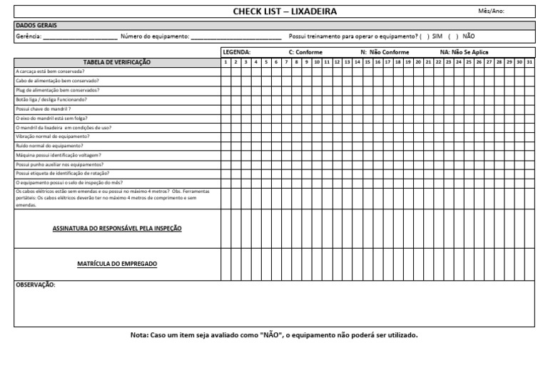 Check List - Lixadeira | PDF