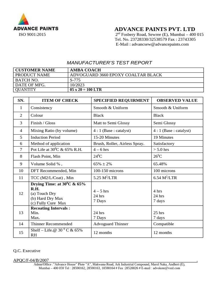 Advance Paints Test Report for Epoxy Products | PDF | Paint | Epoxy