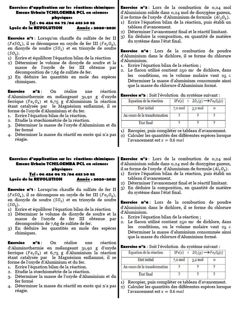 Exercices sur les Réactions Chimiques | PDF | Stœchiométrie | Composés ...