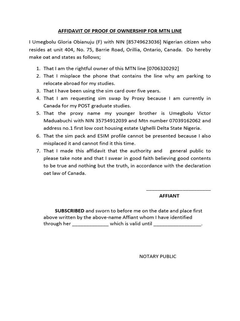 Affidavit of Proof of Ownership For MTN Line | PDF | Affidavit | Evidence