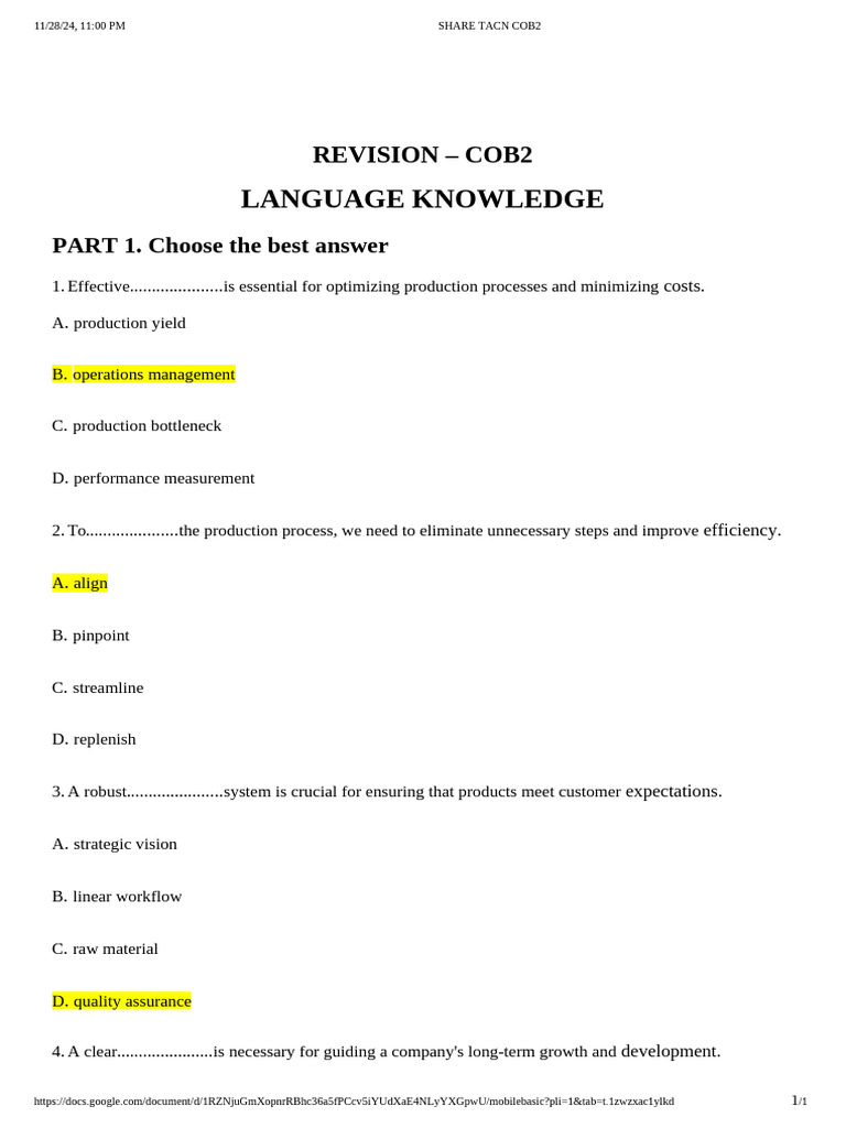 COB2 Language Knowledge Assessment | PDF | Equity (Finance) | Retained ...