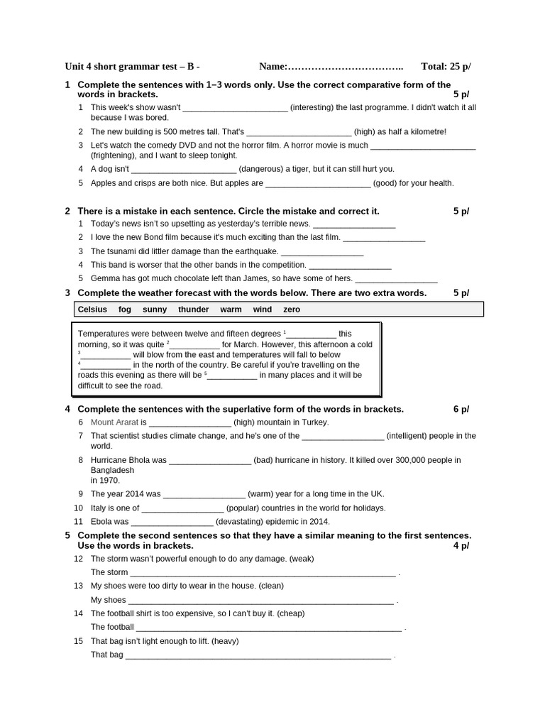 Unit 4 Short Grammar Test B Verzió Pre Inter Könyv | PDF | Physical ...