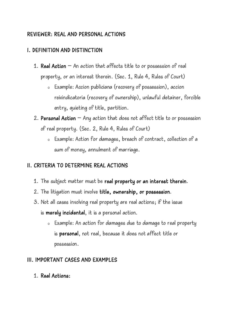 Real vs. Personal Actions Explained | PDF | Personal Jurisdiction | In ...