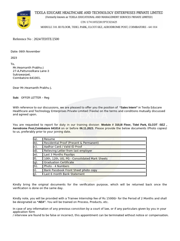 Texila Offer Letter | PDF | Justice | Crime & Violence