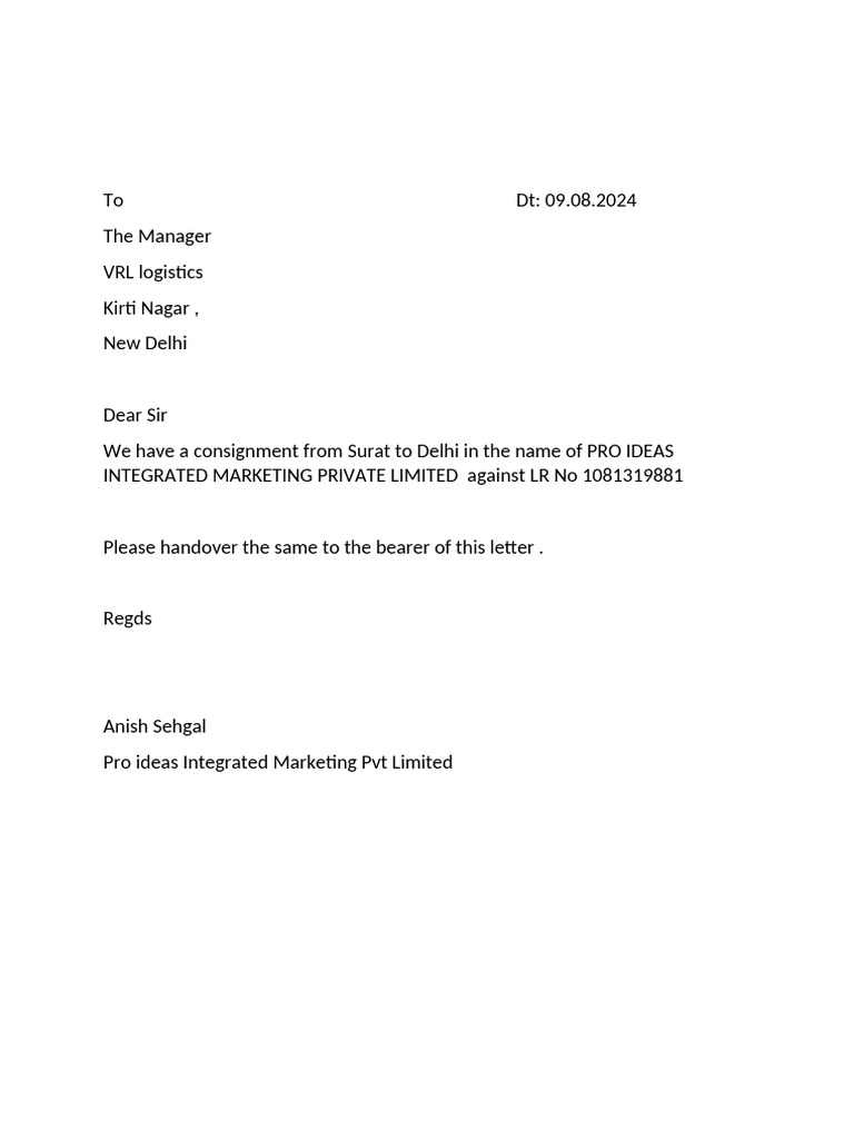 VRL Logistics Consignment Handover Letter | PDF