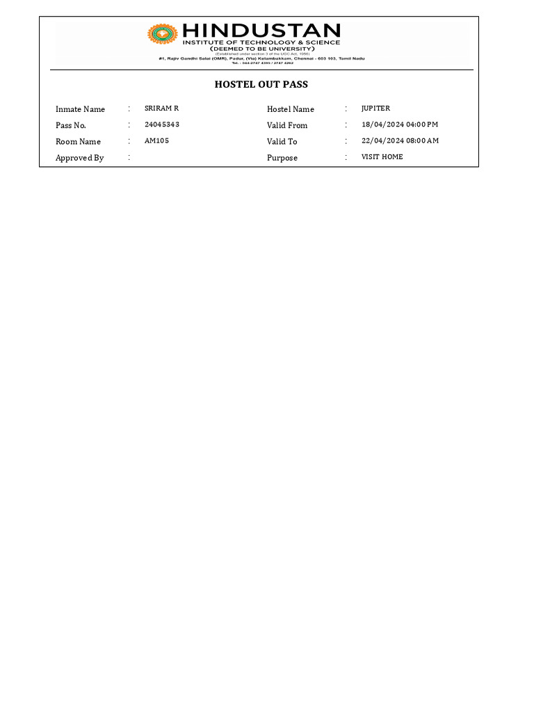 Hostel Out Pass for Sriram R | PDF