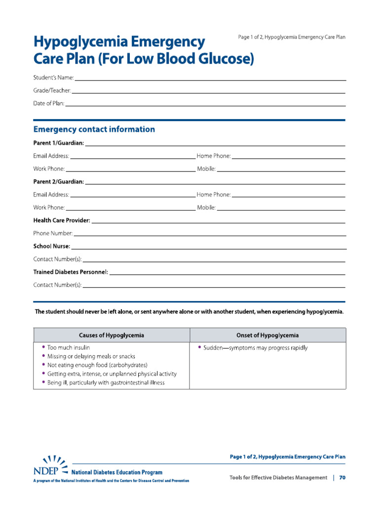 Hypoglycemia Emergency Care Plan For Low Blood Glucose | PDF