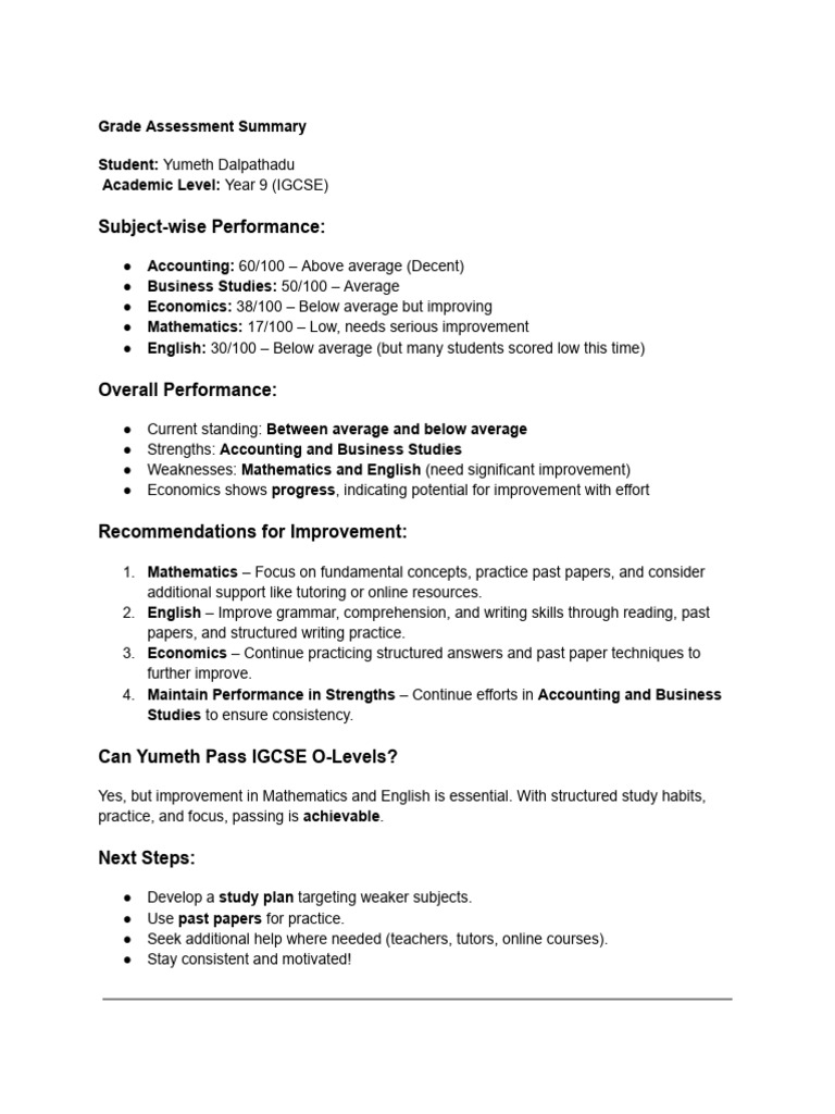 Yumeth's Year 9 IGCSE Grade Summary | PDF