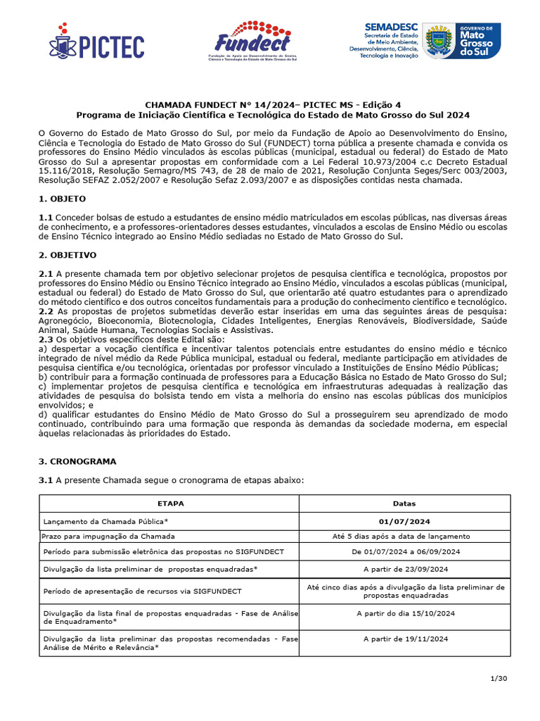 Chamada FUNDECT 14/2024: Bolsas MS | PDF | Science | Educação para adultos