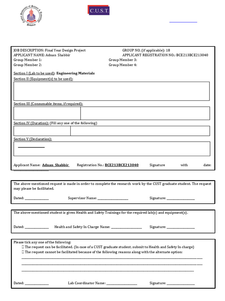 Lab Use Request Form for CUST Students | PDF