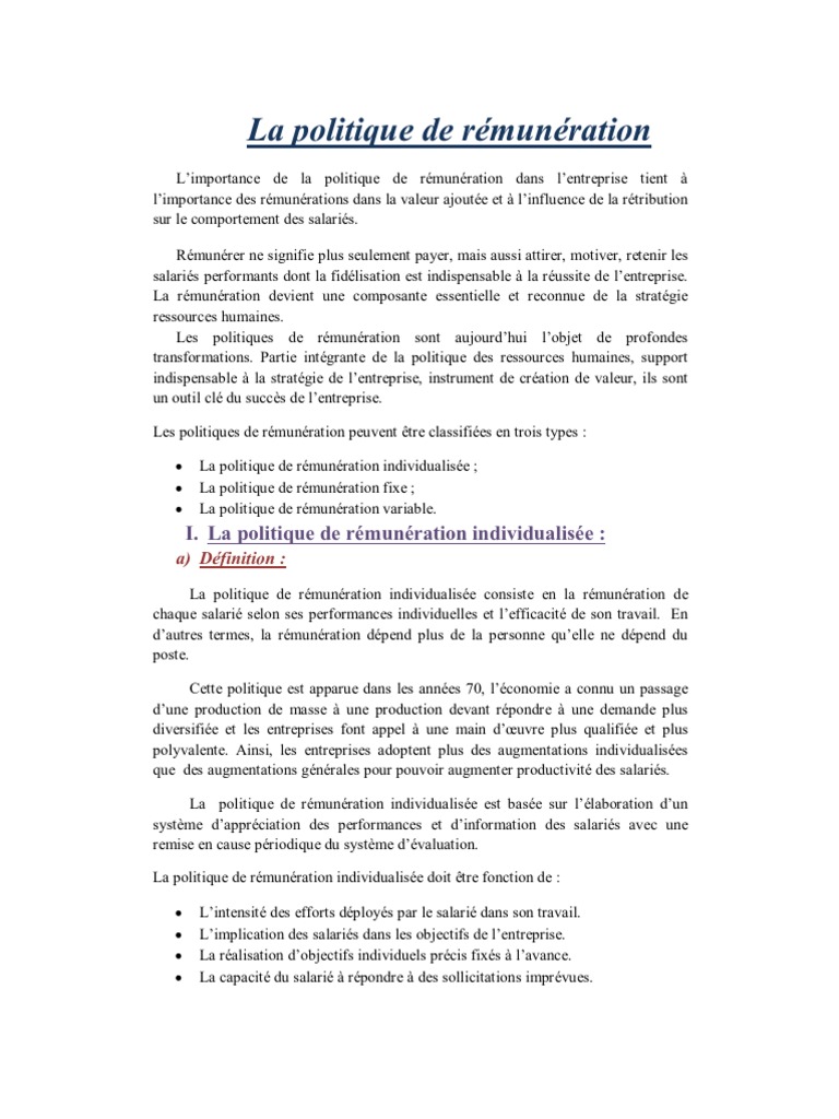 La Politique de Rémunération | PDF | Actionnaire | Salaires