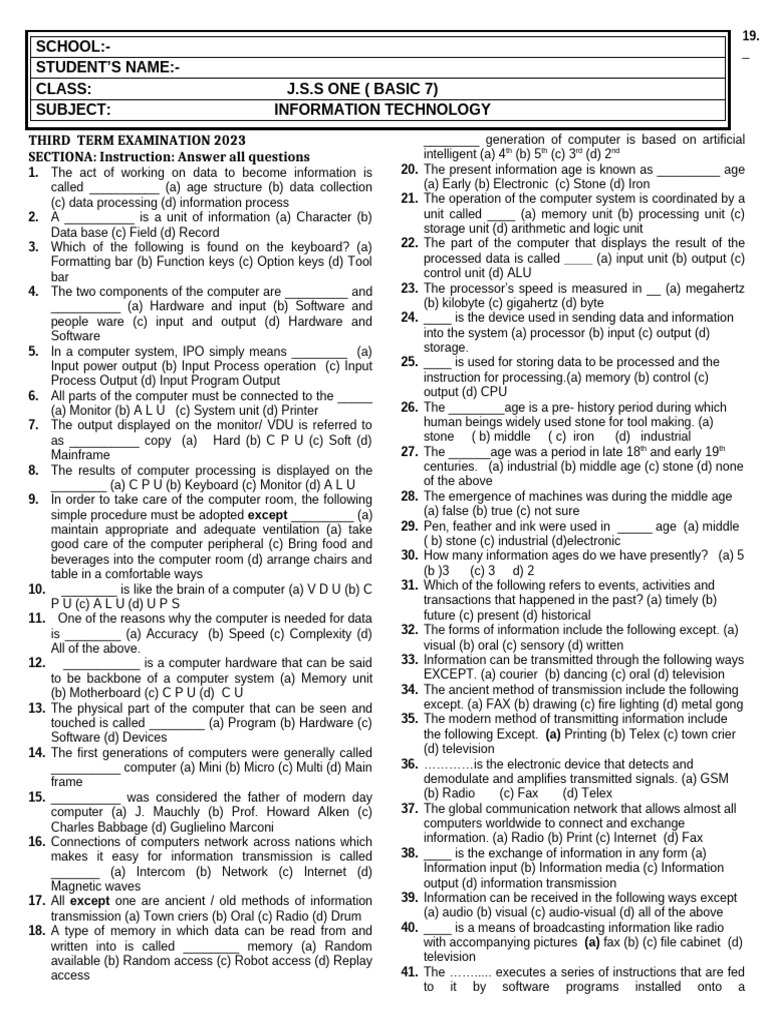 JSS1 Third Term Computer Exam Questions | PDF | Input/Output | Computer ...