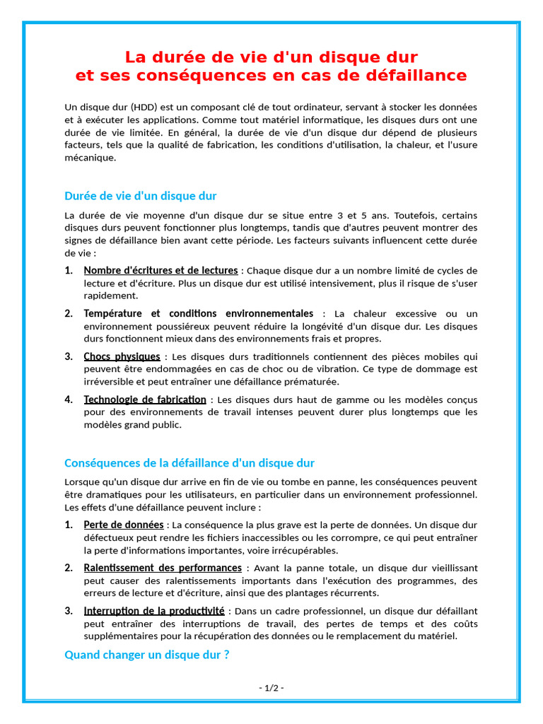 Durée de vie et risques des HDD PDF Disque dur Informatique — free download