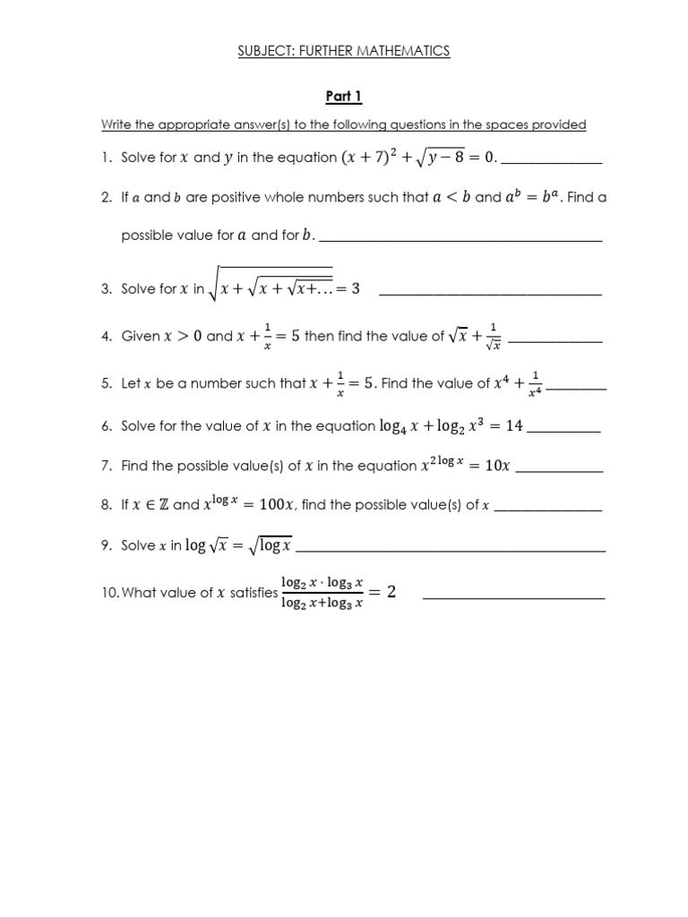 Further Mathematics Problem Set | PDF