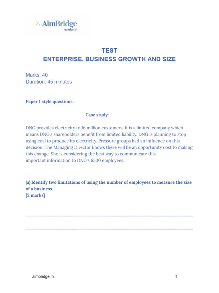 Enterprise, Business Growth and Size Test | PDF | Entrepreneurship ...
