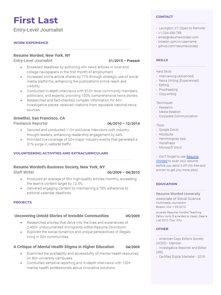 Entry-Level Journalist Resume Highlights | PDF | Editing | News