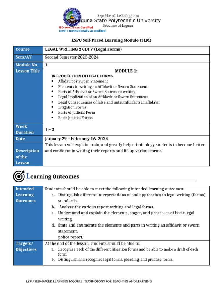 Legal Writing Module: Affidavits & Forms | PDF | Affidavit | Arrest