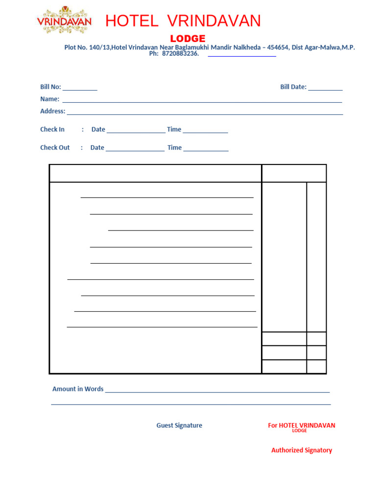 Lodge Bill Template for Hotel Stay | PDF