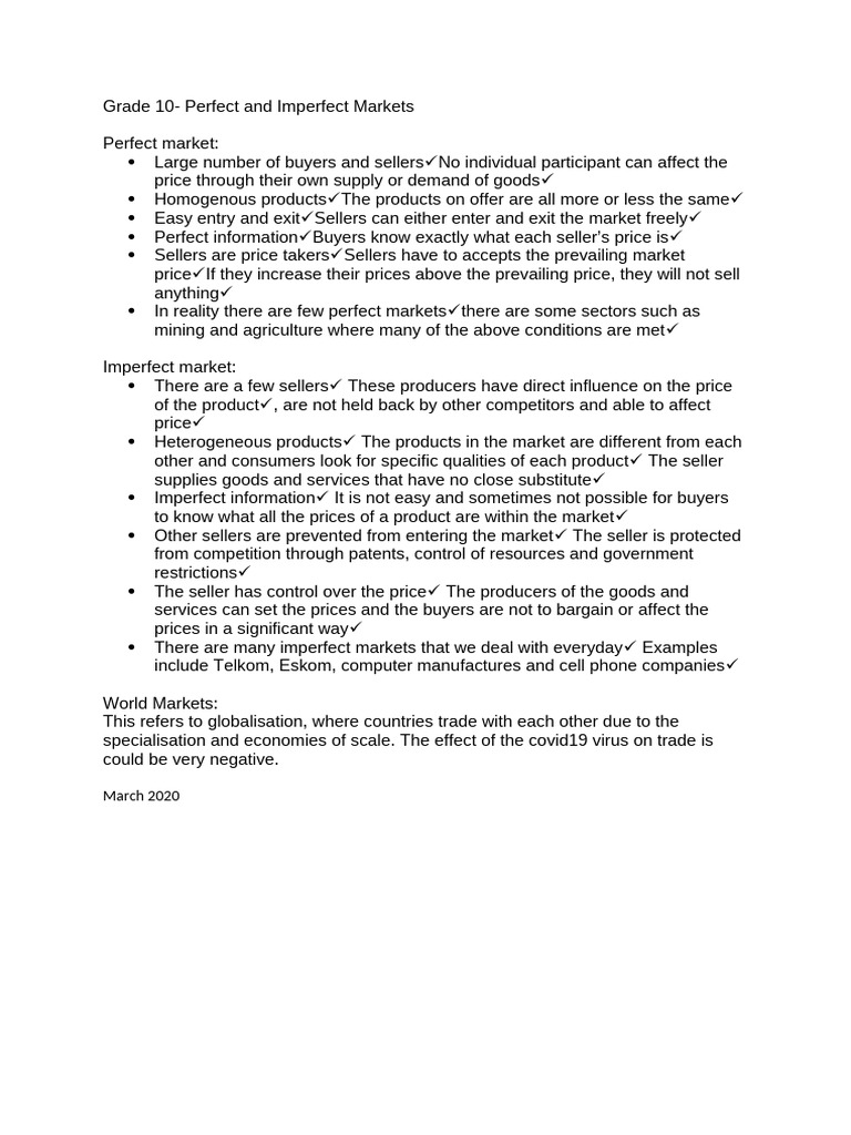 Grade 10: Perfect vs Imperfect Markets | PDF