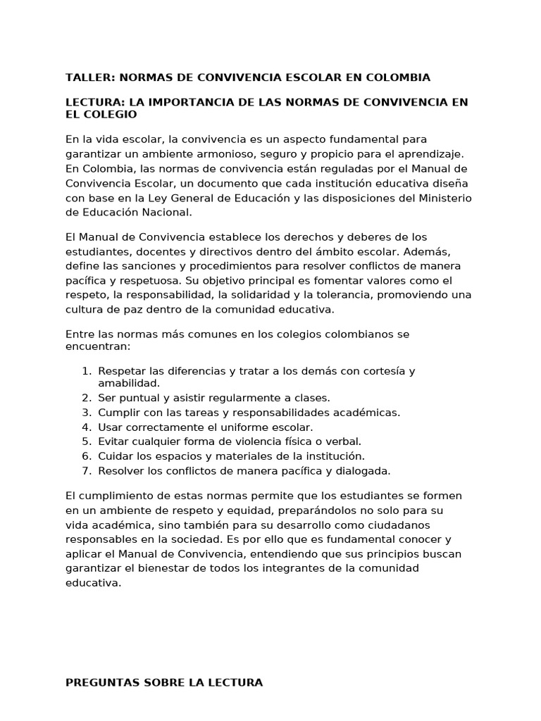 Normas de Convivencia Escolar en Colombia | PDF