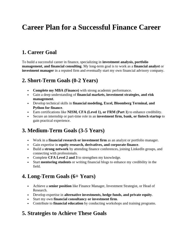 Finance Career Plan: Goals & Strategies | PDF | Financial Analyst ...