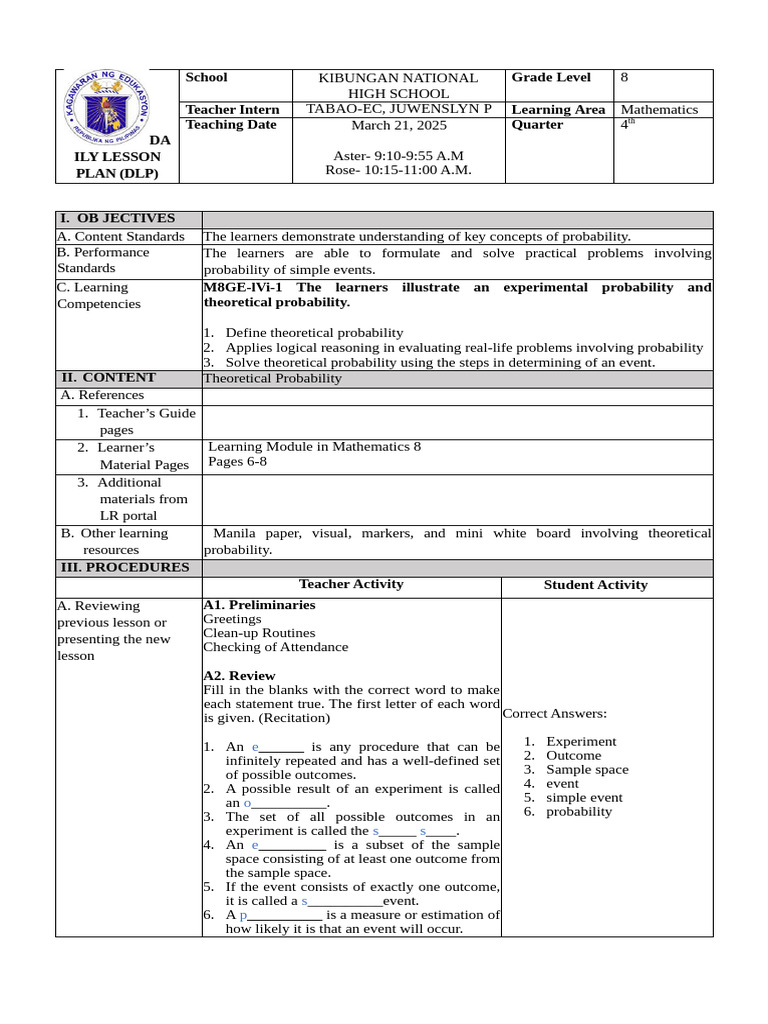 Theoretical Probability Lesson Plan | PDF | Probability | Mathematics