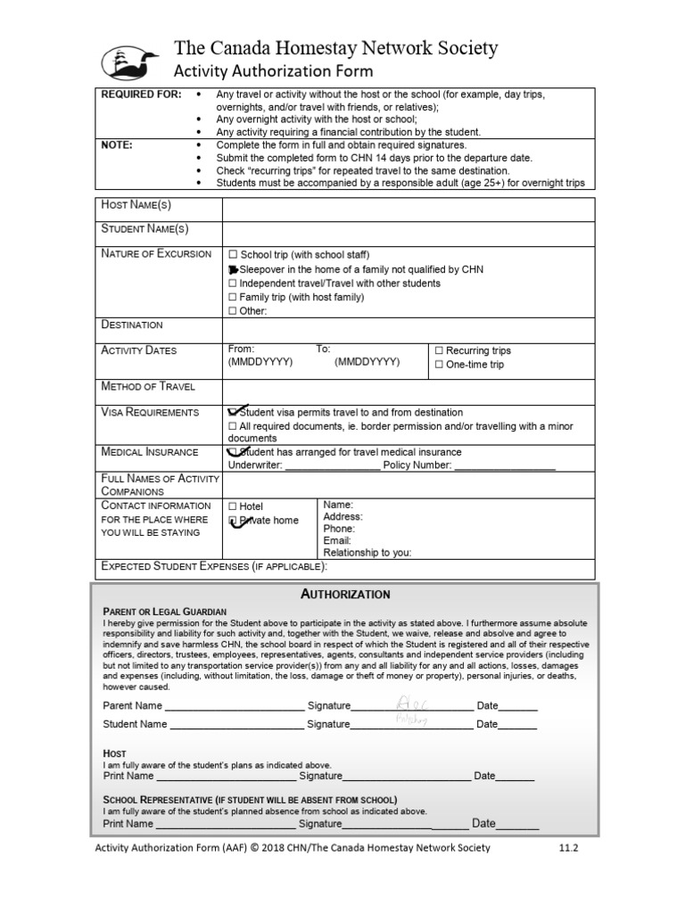 Canada Homestay Activity Authorization Form | PDF | Insurance | Indemnity