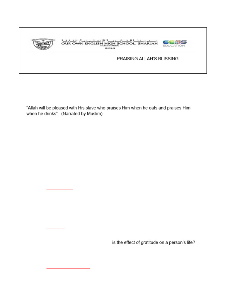 gr4 - Praising Allahs Blissing - Worksheet - Answer Key 2024-2025 | PDF