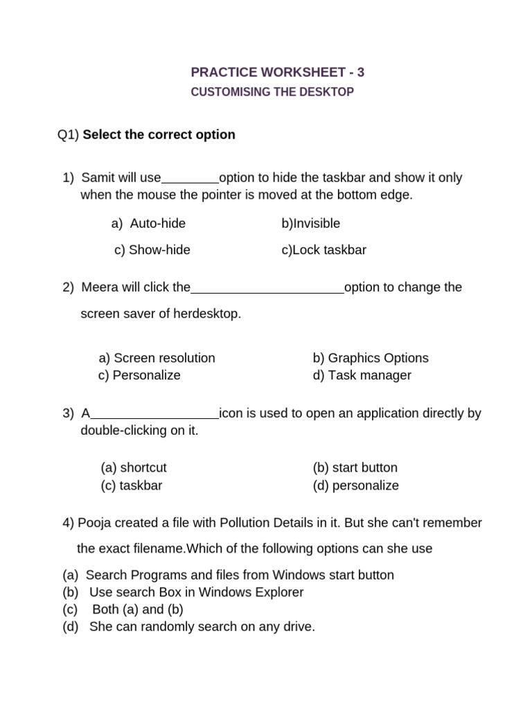 Customizing Desktop Settings Worksheet | PDF
