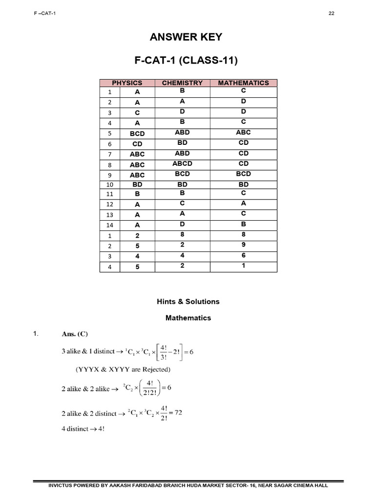 F-CAT-1 Answer Key and Solutions | PDF