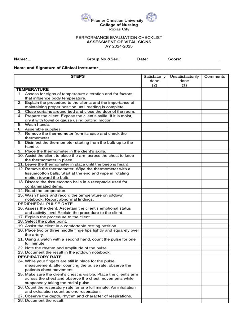 Nursing Vital Signs Evaluation Checklist | PDF | Pulse | Cardiovascular ...