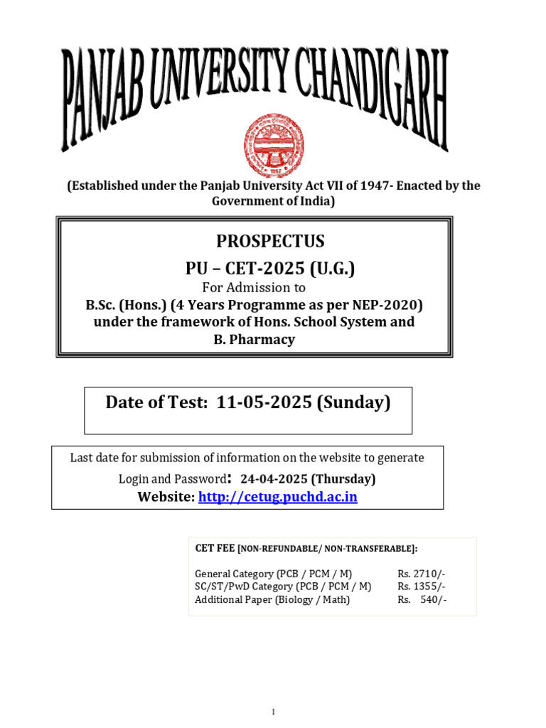 PU CET UG Admission Prospectus 2025 | PDF | Disability | University And ...