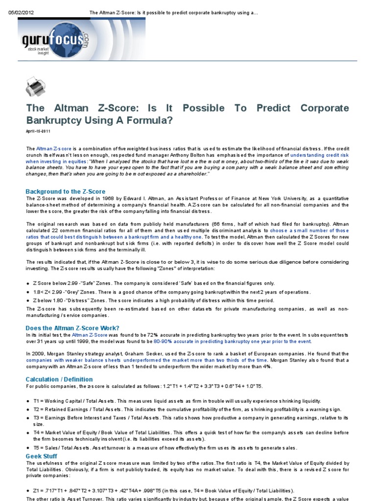 The Altman Z Score Is It Possible To Predict Corporate Bankruptcy