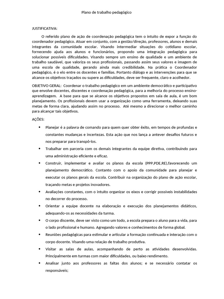 Plano de Trabalho do Coordenador Pedagógico | PDF | Pedagogia ...