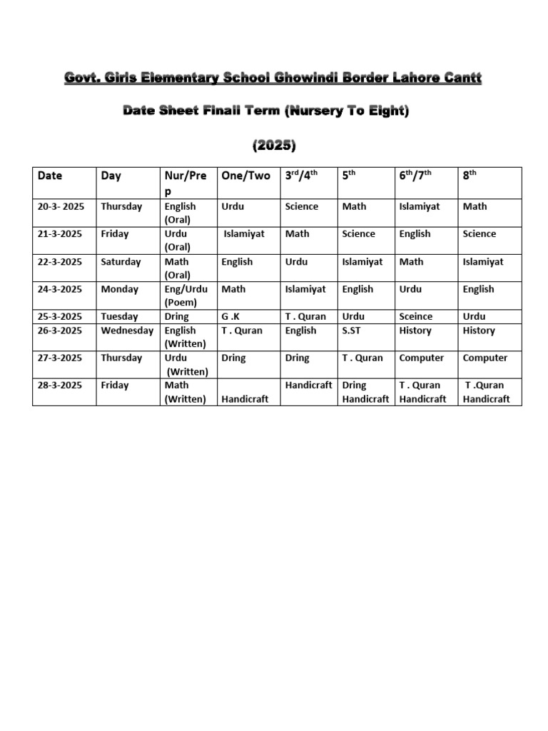 2025 Exam Schedule for Nur/Pre Classes | PDF