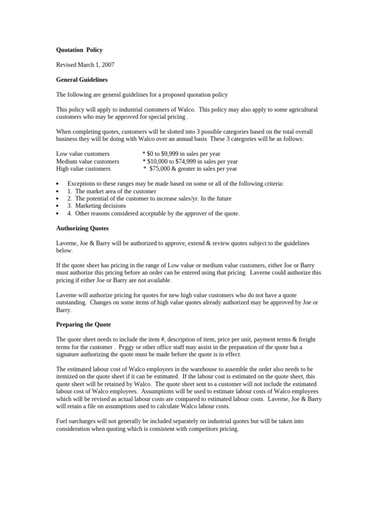 Walco Quotation Policy Guidelines | PDF | Pricing | Economies
