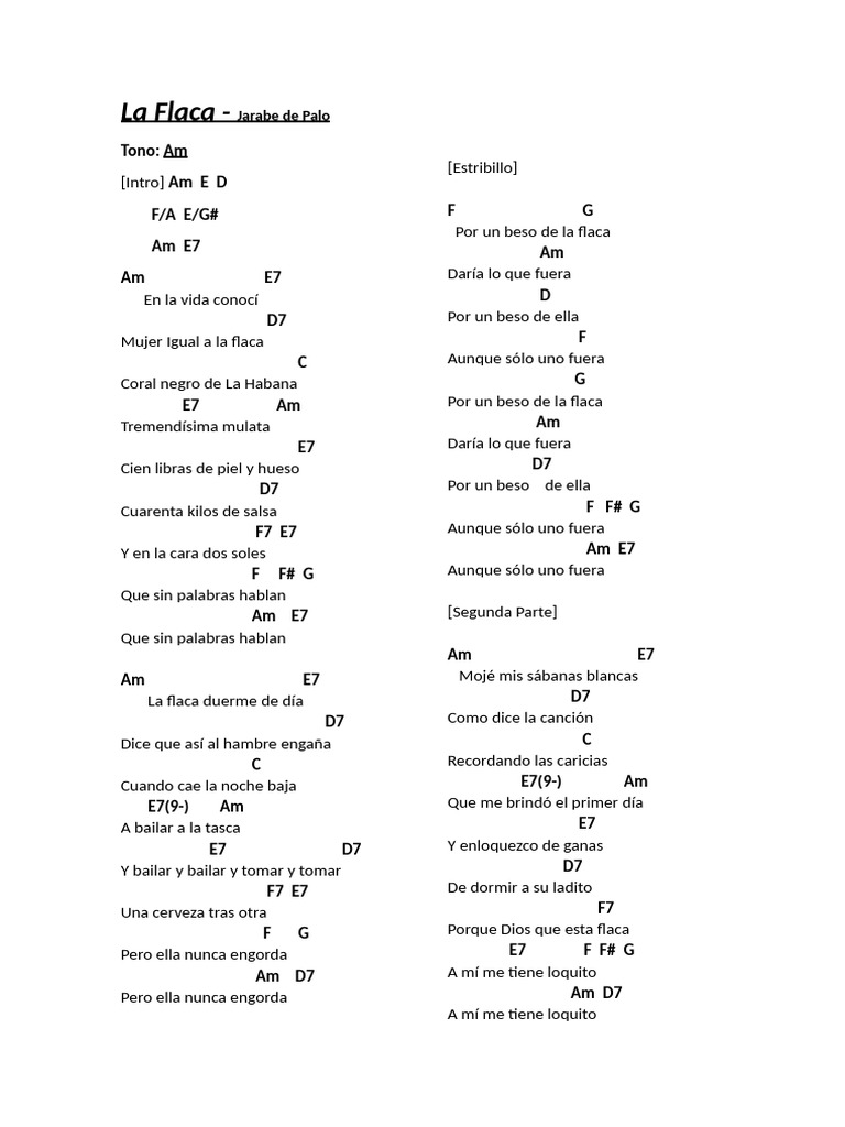 Letra de "La Flaca" - Jarabe de Palo | PDF