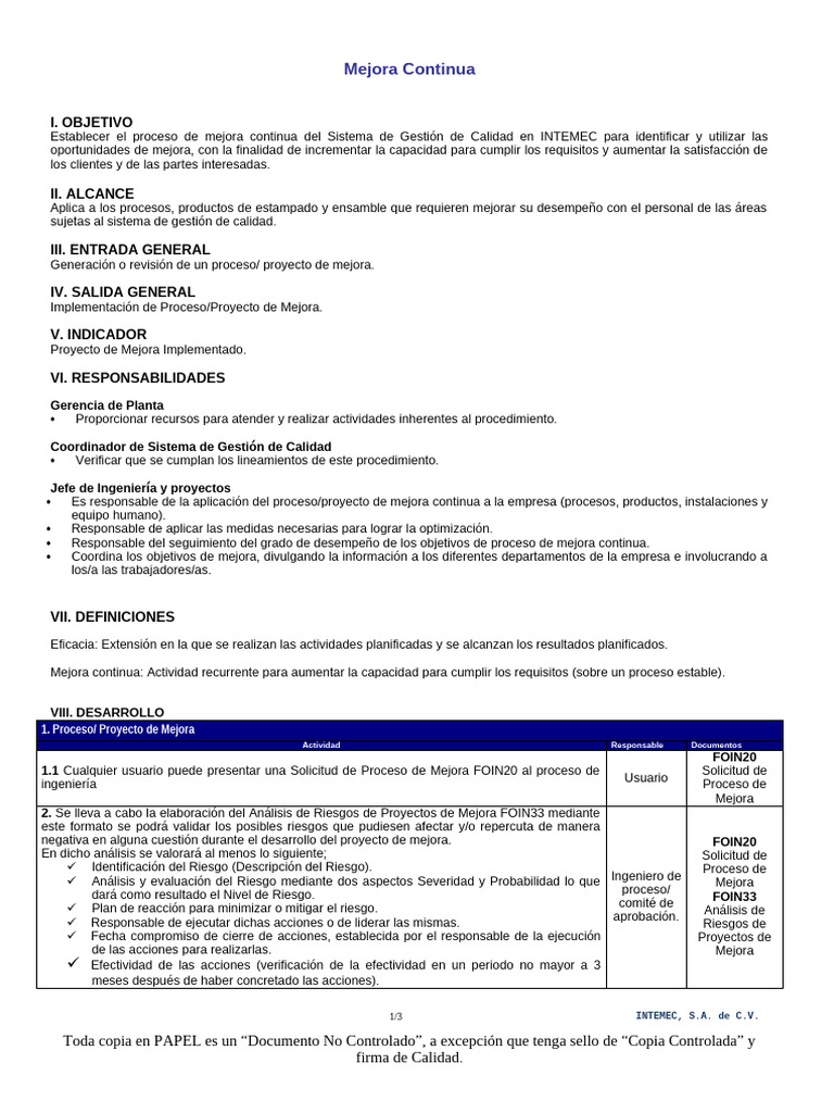 Proceso de Mejora Continua en INTEMEC | PDF | Sistema de manejo de ...