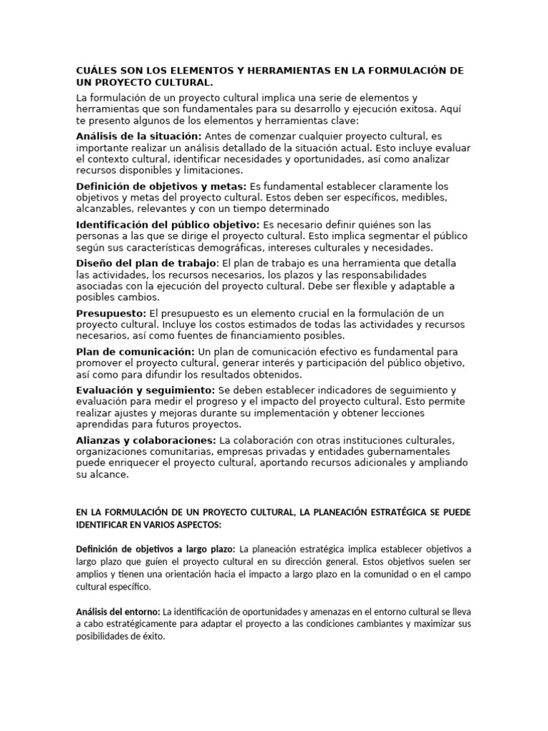Elementos de un Proyecto Cultural | PDF | Planificación | Presupuesto