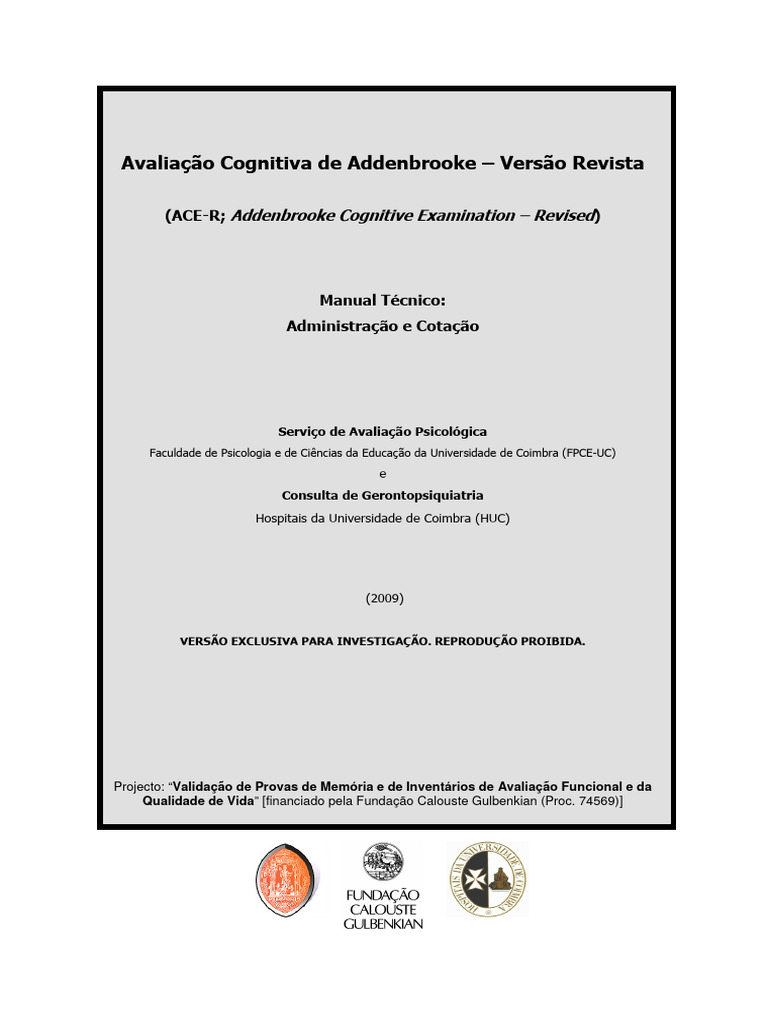 Manual do ACE-R: Avaliação Cognitiva | PDF | Psicologia | Outono