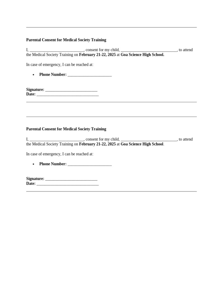 Parental Consent For Medical Society Training | PDF