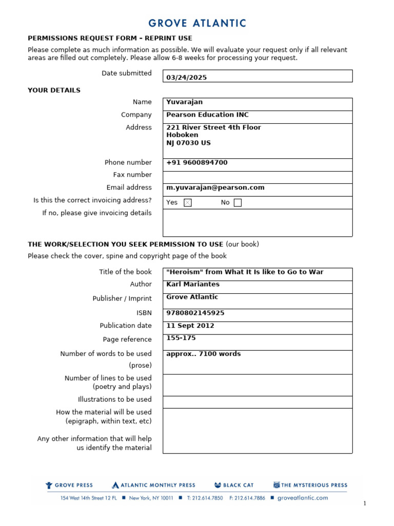 Permissions Request for Reprint Use | PDF | Books | Publishing