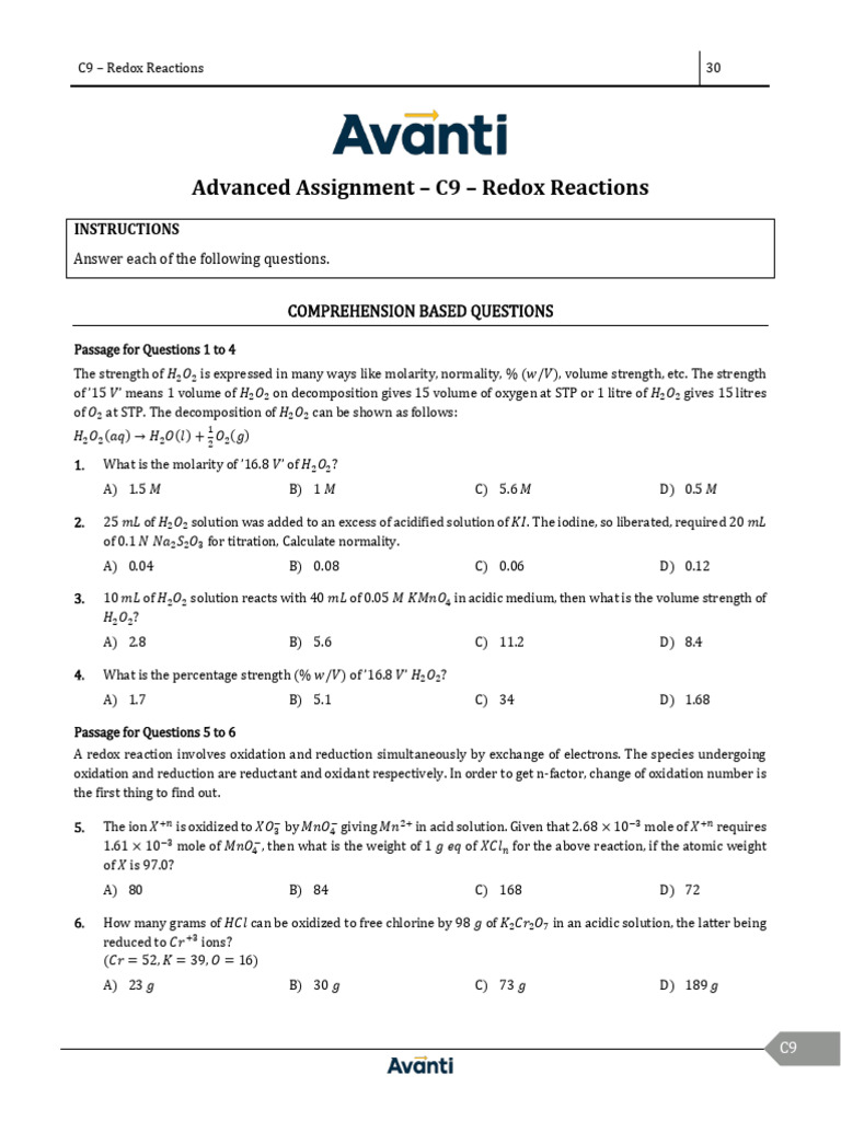 Redox Reactions: Advanced Assignment Guide | PDF | Redox | Chemistry