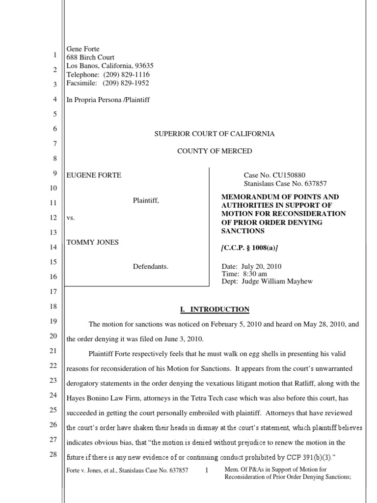 Motion For Reconsideration of Sanctions Ruling Deposition (Law