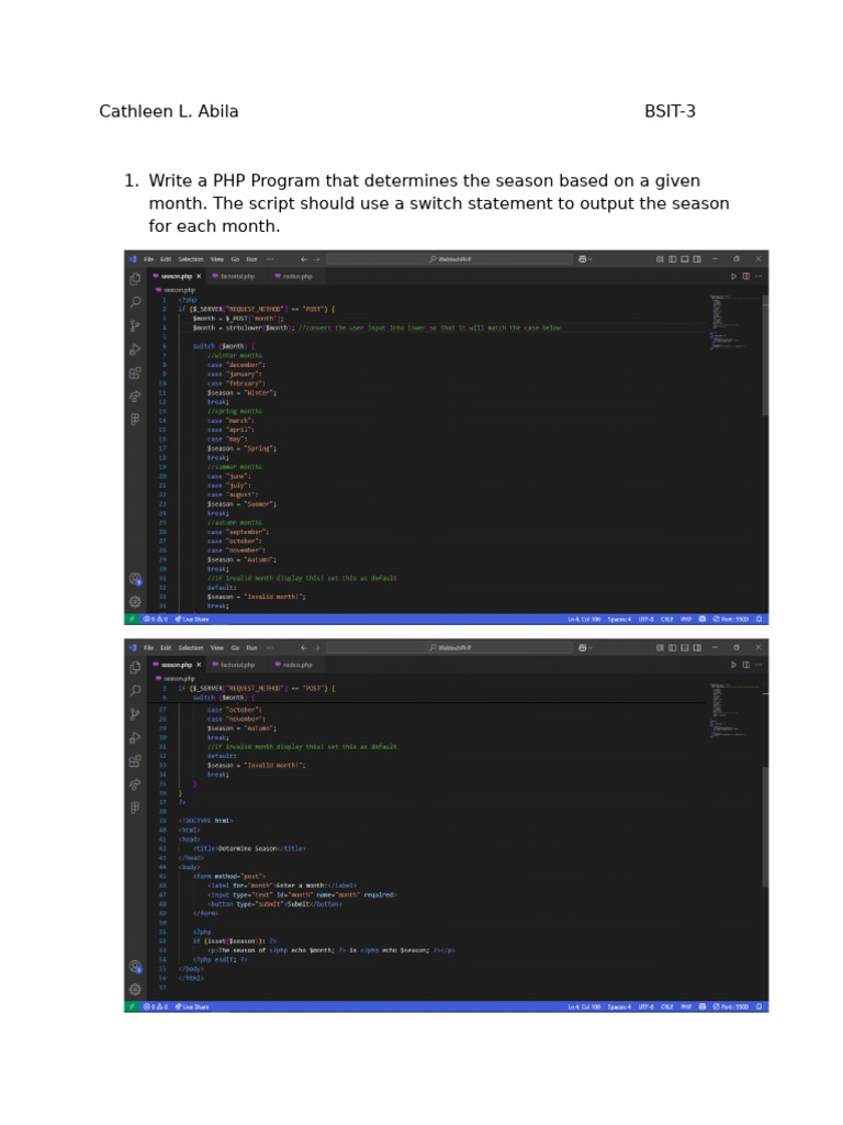 PHP Programs for Seasons, Factorials, and Circles | PDF