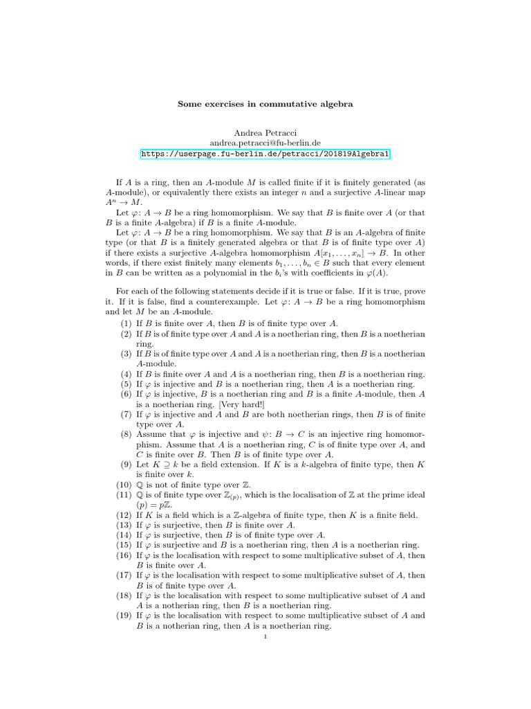 Exercises in Commutative Algebra | PDF | Ring (Mathematics) | Field ...